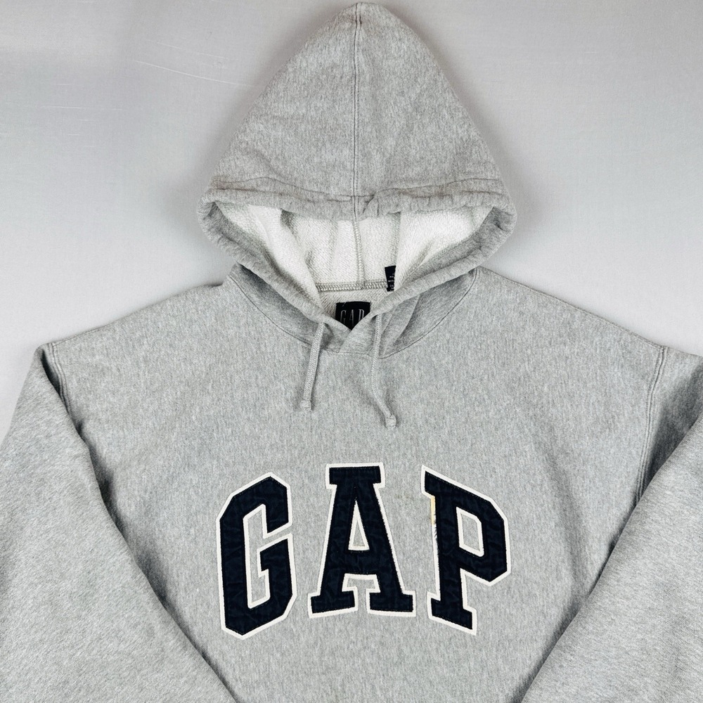 Vintage 90s GAP Spellout Hoodie Gray Pullover Sweatshirt Size M